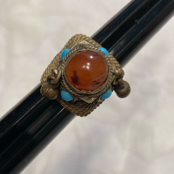 Antique Amber And Turquoise Brass Dome Ring - Picture 13 of 16